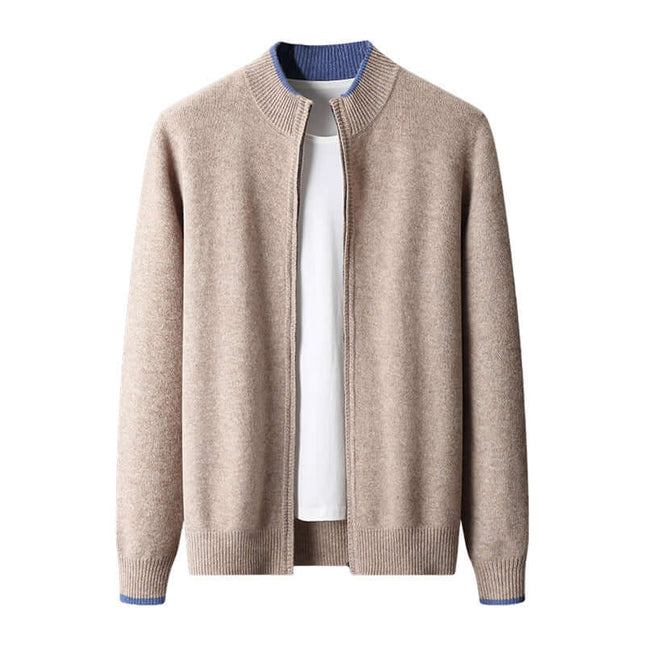 Men Contrast Color Cardigan Half Turtleneck Zipper Sweater protective half turtleneck collar design close up look.