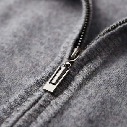Men Contrast Color Cardigan Half Turtleneck Zipper Sweater premium full length front zipper track assembly visualization.