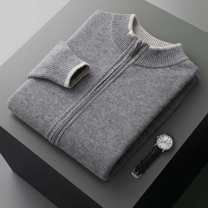Men Contrast Color Cardigan Half Turtleneck Zipper Sweater exquisite collage stitching workmanship detailing across shoulder seams.