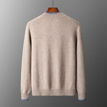 Men Contrast Color Cardigan Half Turtleneck Zipper Sweater modern trendy youth loose fitting silhouette display on mannequin.