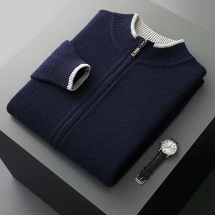 Men Contrast Color Cardigan Half Turtleneck Zipper Sweater dark blue option displaying deep tone contrast block lines.