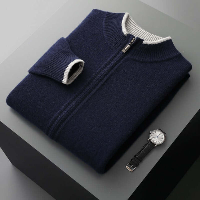Men Contrast Color Cardigan Half Turtleneck Zipper Sweater dark blue option displaying deep tone contrast block lines.