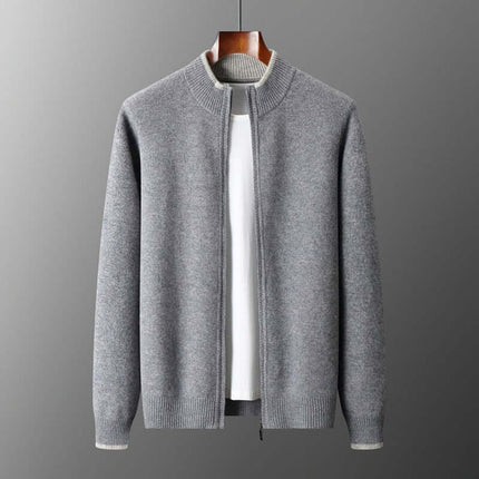 Men Contrast Color Cardigan Half Turtleneck Zipper Sweater medium gray knit palette showing subtle urban color blocking.
