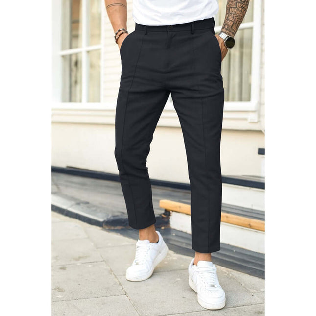 Men Double Fold Line Solid Color Casual Suit Pants light gray pencil pants.
