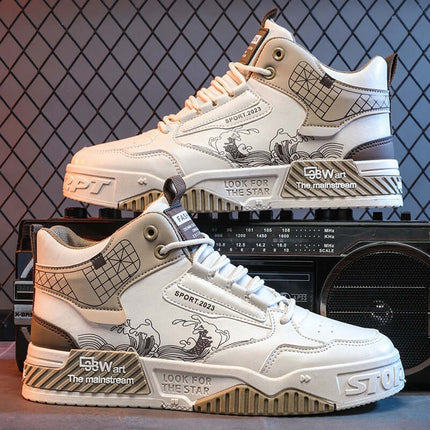 Men High Top Trendy Board Shoes Easy Wear Sports Sneakers beige view