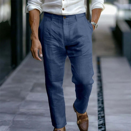 Men Linen Trousers Solid Casual Pants light gray solid color pattern.