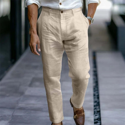 Men Linen Trousers Solid Casual Pants navy blue zipper fly pants.