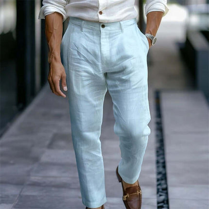 Men Linen Trousers Solid Casual Pants black mid waist trousers.