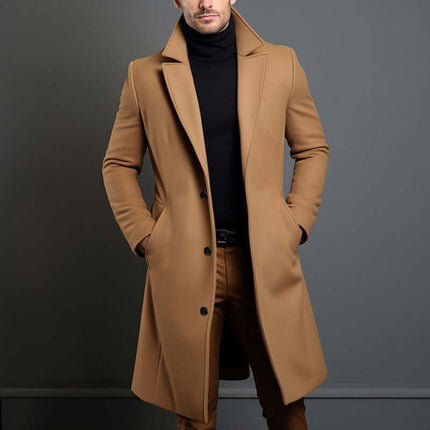 Men Mid Length Trench Coat khaki fall outerwear.