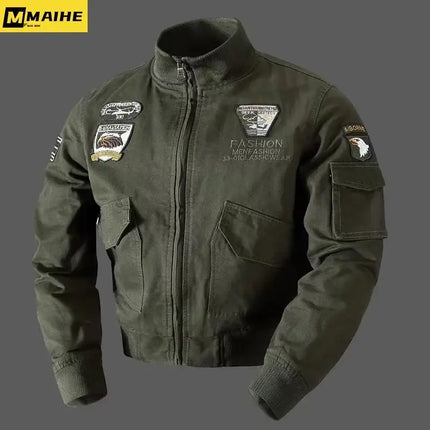 Men Military Embroidered Bomber Jacket Stand Collar front view
