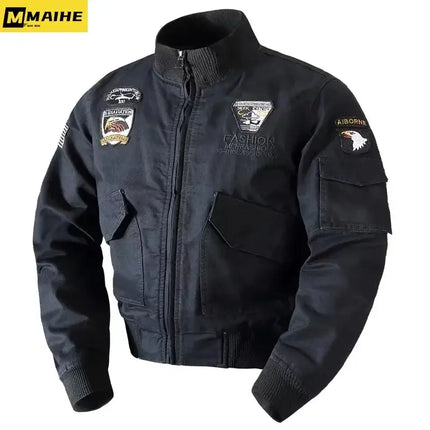 Men Military Embroidered Bomber Jacket Stand Collar embroidery detail