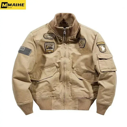 Men Military Embroidered Bomber Jacket Stand Collar airplane design close up