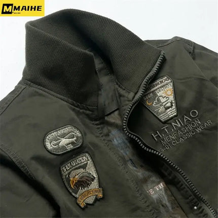 Men Military Embroidered Bomber Jacket Stand Collar tactical style look