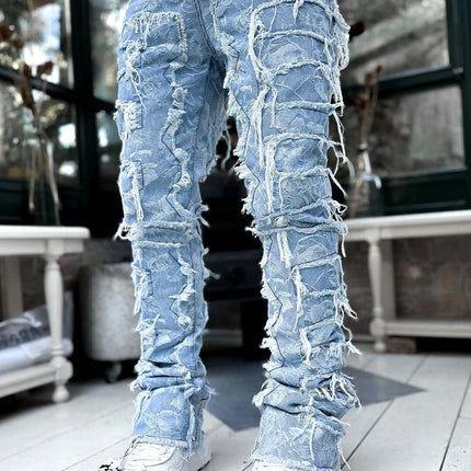 Men Ripped Stacked Slim Fit Jeans Streetwear featuring distressed denim and unique stacked leg design.