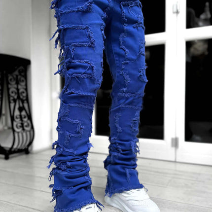 men ripped stacked slim fit jeans streetwear in blue with ripped details and stacked styling