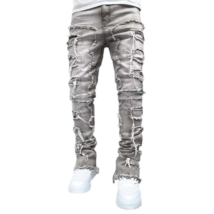 Men Ripped Stacked Slim Fit Jeans Streetwear in gray with distressed details and slim fit styling.