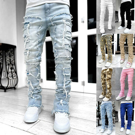 Men Ripped Stacked Slim Fit Jeans Streetwear displayed in various colors and styles, showcasing ripped details and slim fit.