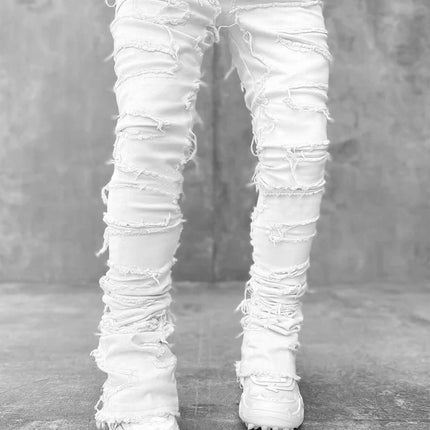 Men Ripped Stacked Slim Fit Jeans Streetwear showcasing a bold urban look with ripped details and a slim tight fit.