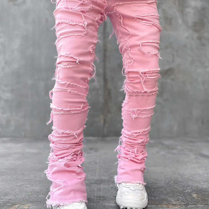 Men Ripped Stacked Slim Fit Jeans Streetwear in pink with distressed details and stacked leg styling.