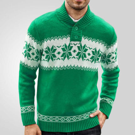 Men’s Christmas Jacquard Knit Pullover Sweater in green, featuring festive snowflake pattern and button details.