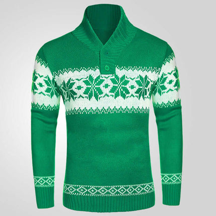 Men’s Christmas Jacquard Knit Pullover Sweater in green with festive floral patterns and buttoned collar.