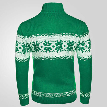 Men’s Christmas Jacquard Knit Pullover Sweater showcasing a festive green and white snowflake design from the back.
