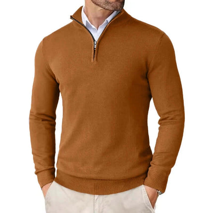 Men Slim Fit Quarter Zip Lightweight Knit Sweater close-up of quarter zip