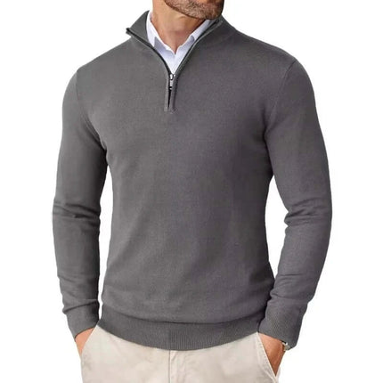 Men Slim Fit Quarter Zip Lightweight Knit Sweater mock neck detail view