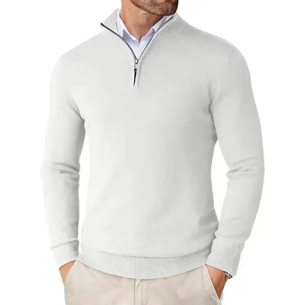 Men Slim Fit Quarter Zip Lightweight Knit Sweater worn with jeans