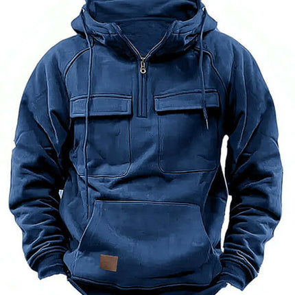 Men Solid Color Hooded Sports Multi Pocket Sweatshirt Jacket front view