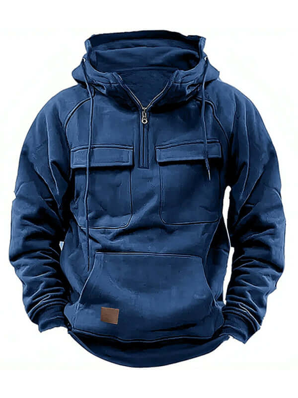 Men Solid Color Hooded Sports Multi Pocket Sweatshirt Jacket front view