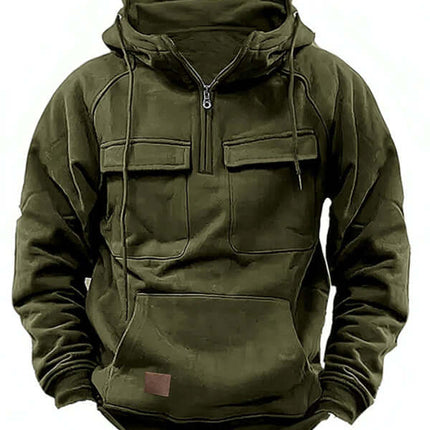Men Solid Color Hooded Sports Multi Pocket Sweatshirt Jacket side view