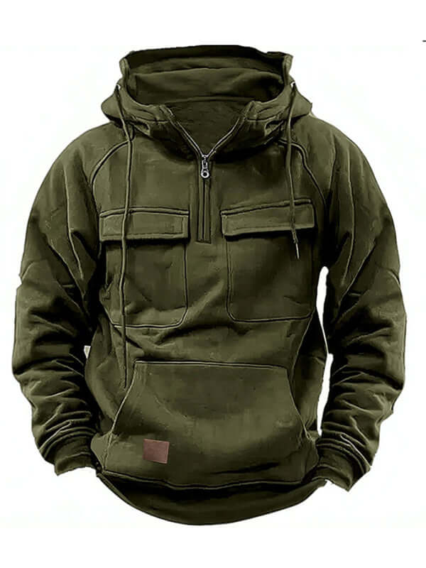 Men Solid Color Hooded Sports Multi Pocket Sweatshirt Jacket side view