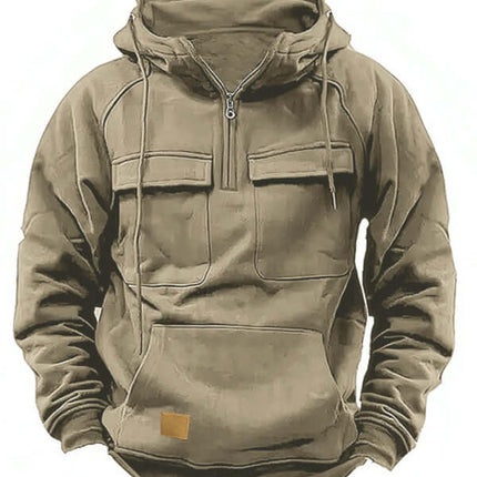 Men Solid Color Hooded Sports Multi Pocket Sweatshirt Jacket back view