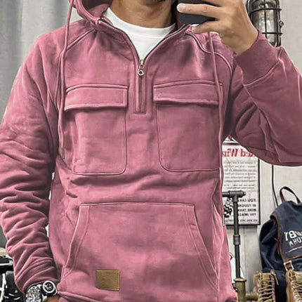 Men Solid Color Hooded Sports Multi Pocket Sweatshirt Jacket hood detail