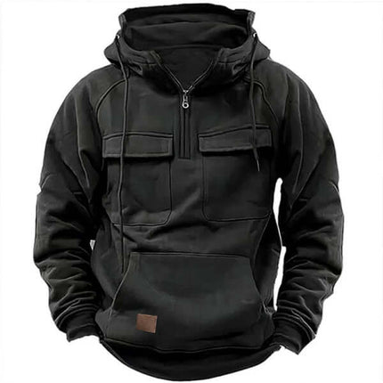 Men Solid Color Hooded Sports Multi Pocket Sweatshirt Jacket pocket design