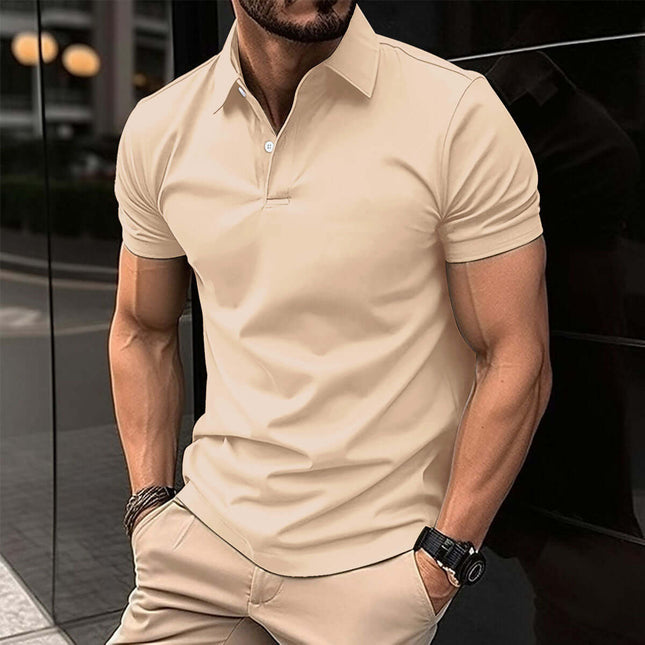 Men Solid Color Summer Short Sleeve Polo Shirt sophisticated soft khaki beige choice ideal for vacation travel styling
