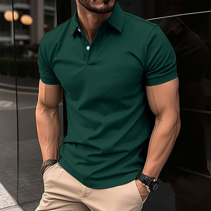 Men Solid Color Summer Short Sleeve Polo Shirt trendy casual streetwear flat-lay layout matching perfectly with denim jeans