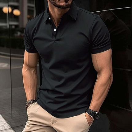 Men Solid Color Summer Short Sleeve Polo Shirt classic understated black colorway laid flat against a solid studio background