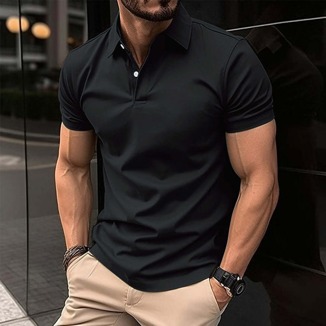 Men Solid Color Summer Short Sleeve Polo Shirt classic understated black colorway laid flat against a solid studio background
