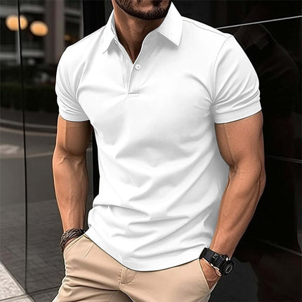 Men Solid Color Summer Short Sleeve Polo Shirt crisp minimalist white edition displayed beautifully inside a retail clothing store