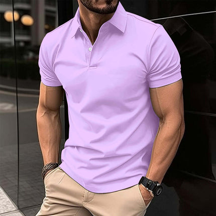 Men Solid Color Summer Short Sleeve Polo Shirt pristine structured button lapel design close-up showing reinforced neck lines