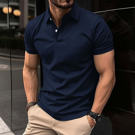 Men Solid Color Summer Short Sleeve Polo Shirt flexible breathable cotton mixed fiber weave detail showcasing moisture-wicking technology