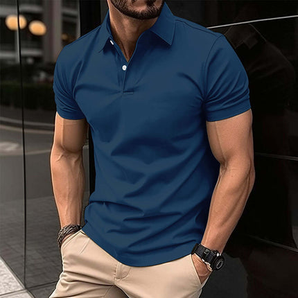 Men Solid Color Summer Short Sleeve Polo Shirt premium navy blue variant highlighting a clean athletic frame look