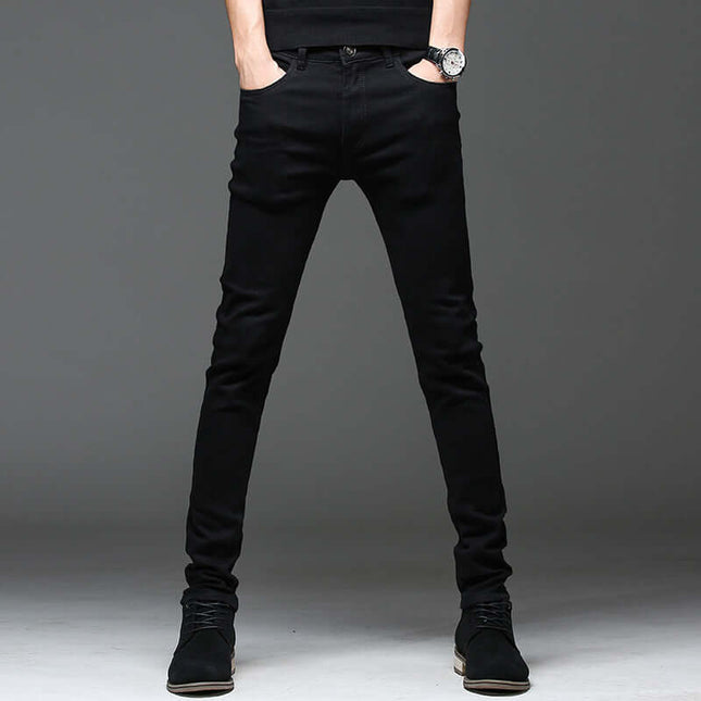 Men Stylish Youth Cotton Denim Jeans Pants displayed in black, featuring a slim fit and casual style.