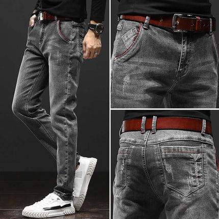 Men Stylish Youth Cotton Denim Jeans Pants shown in gray color with stylish cuts and detailed stitching.