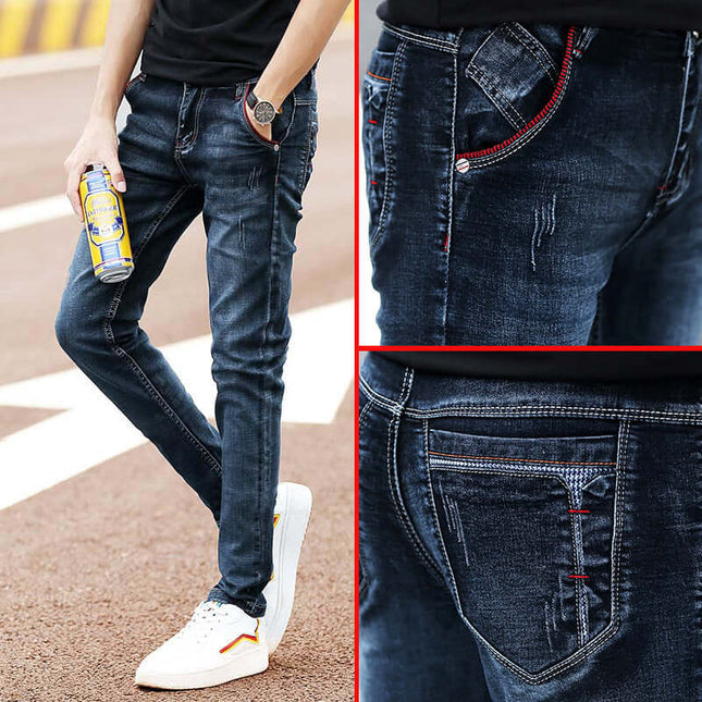 Men Stylish Youth Cotton Denim Jeans Pants featuring sleek design and modern fit in dark wash denim.