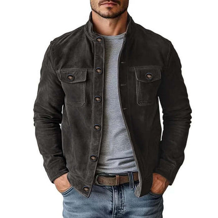Men Vintage Single breasted Faux Suede Jacket graphite casual motorcycle style