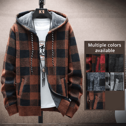 Men Winter Plaid Hooded Knit Cardigan Zip Jacket front view