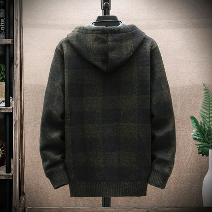 Men Winter Plaid Hooded Knit Cardigan Zip Jacket back view